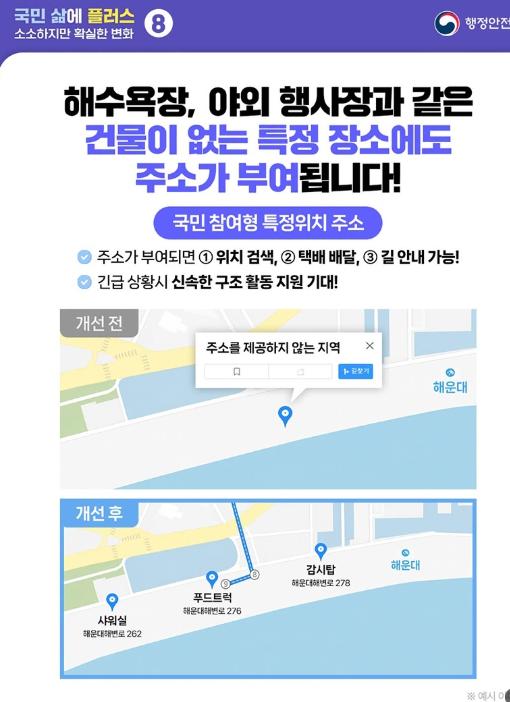 행정안전부, 해수욕장, 야외 행사장과 같은 건물이 없는 특정 장소에도 주소가 부여됩니다! 기사 이미지